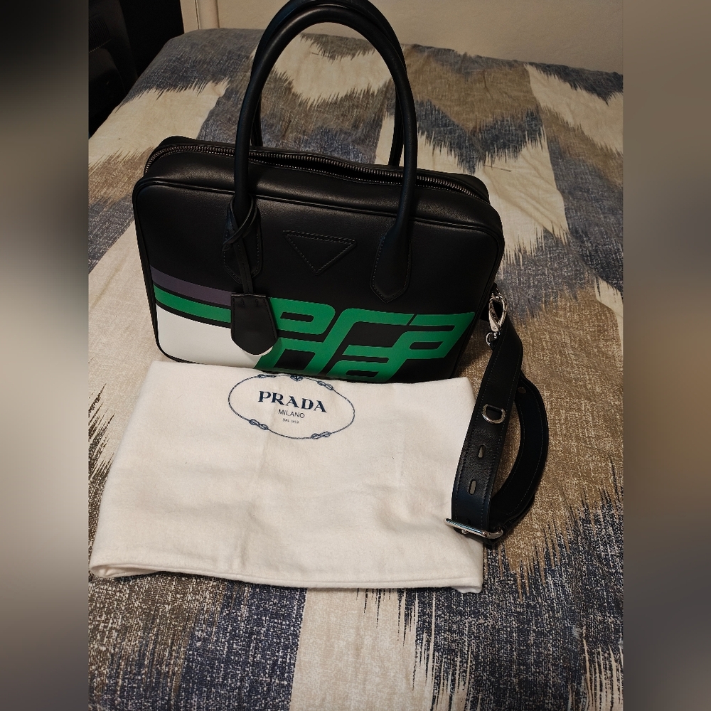 ****Prada Men's/ Women's Black and Green Leather Bag